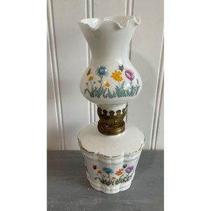 Vintage White Milk Glass Lantern Applied Floral Butterfly Miniature 8" Height‎